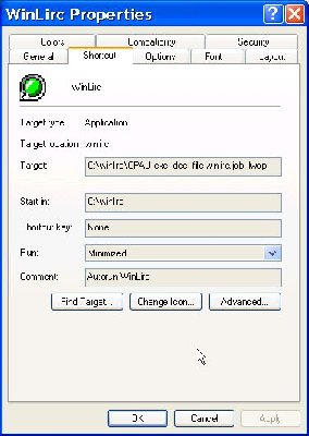 WinLirc startup shortcut properties