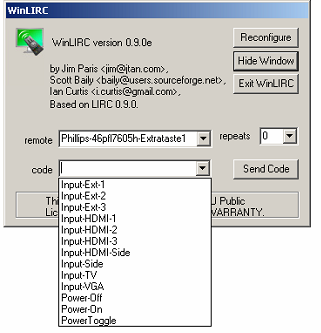 Win LIRC with all teached commands an possibility to test the commands